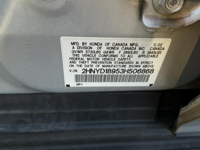 2HNYD18953H506868 - 2003 ACURA MDX TOURIN SILVER photo 10