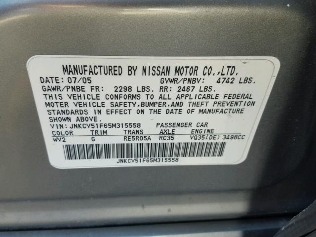 JNKCV51F65M315558 - 2005 INFINITI G35 SILVER photo 10