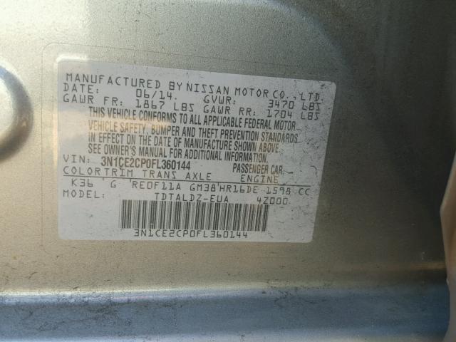 3N1CE2CP0FL360144 - 2015 NISSAN VERSA NOTE SILVER photo 10