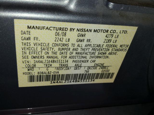 1N4AL21E48N551134 - 2008 NISSAN ALTIMA 2.5 SILVER photo 10