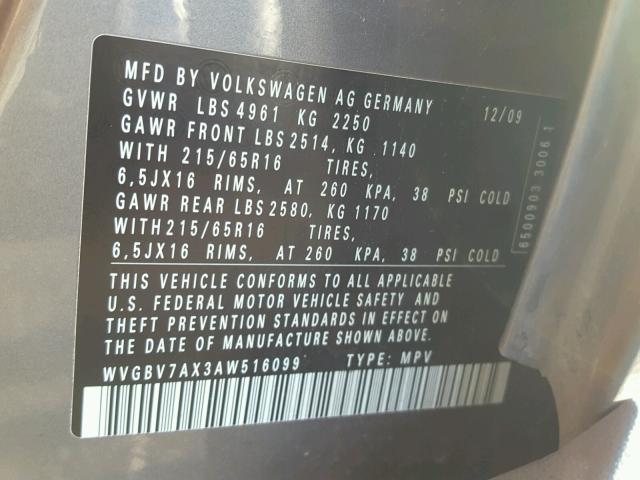 WVGBV7AX3AW516099 - 2010 VOLKSWAGEN TIGUAN SE 灰色 照片 10