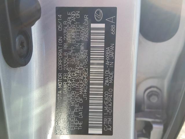 JTHKD5BH5E2196394 - 2014 LEXUS CT 200 SILVER photo 10