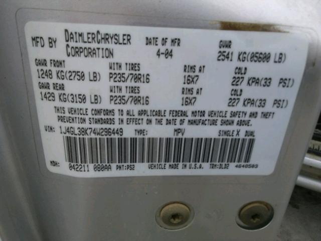 1J4GL38K74W296449 - 2004 JEEP LIBERTY RE SILVER photo 10