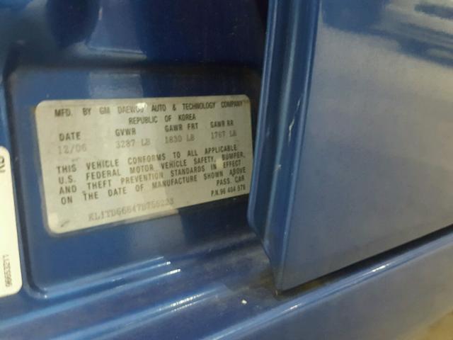 KL1TD66647B755223 - 2007 CHEVROLET AVEO BASE Көк фото 10