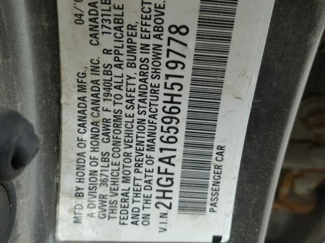 2HGFA16596H519778 - 2006 HONDA CIVIC LX GRAY photo 10