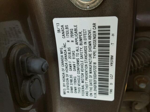 2HGFB2F55DH572218 - 2013 HONDA CIVIC LX BROWN photo 10