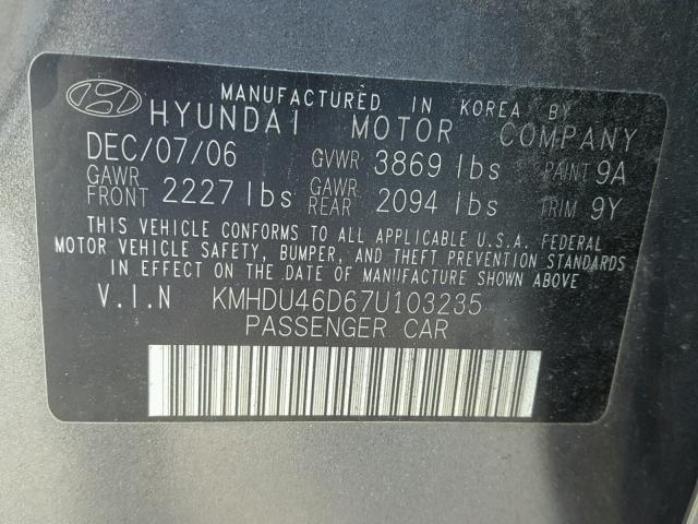 KMHDU46D67U103235 - 2007 HYUNDAI ELANTRA GL GRAY photo 10