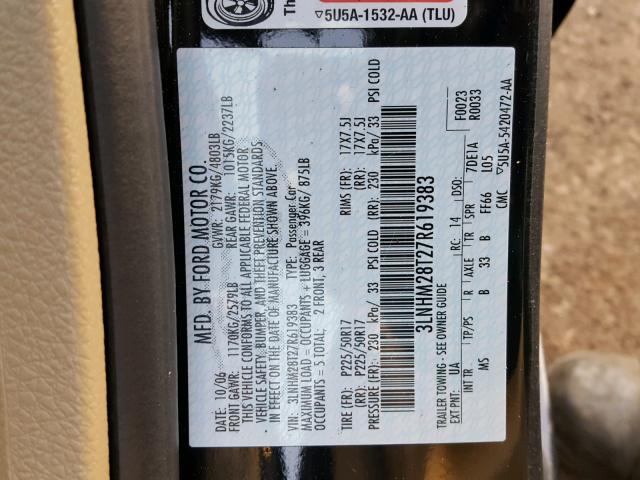 3LNHM28T27R619383 - 2007 LINCOLN MKZ BLACK photo 10