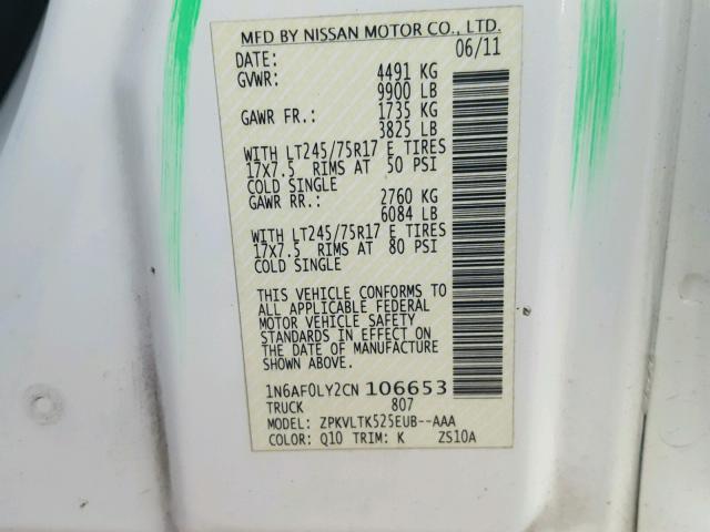 1N6AF0LY2CN106653 - 2012 NISSAN NV 2500 WHITE photo 10