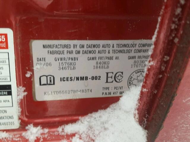 KL1TD55627B048374 - 2007 CHEVROLET AVEO BASE RED photo 10