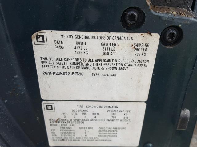 2G1FP22K0T2152596 - 1996 CHEVROLET CAMARO BAS 绿色 照片 10