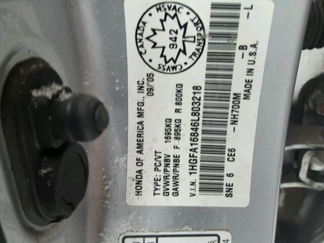 1HGFA16846L803218 - 2006 HONDA CIVIC EX ნაცრისფერი ფოტო 10