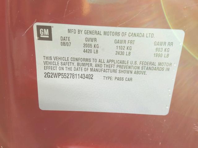 2G2WP552781143402 - 2008 PONTIAC GRAND PRIX RED photo 10