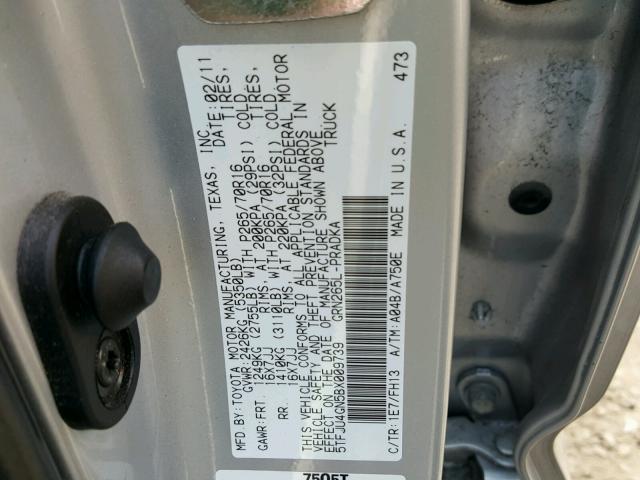 5TFJU4GN5BX009739 - 2011 TOYOTA TACOMA DOU SILVER photo 10