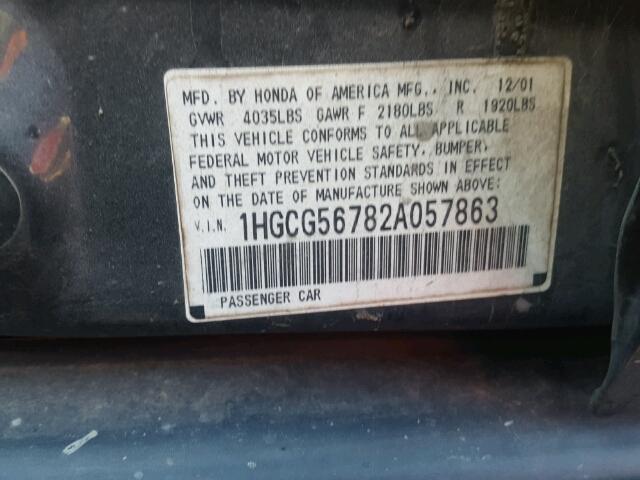 1HGCG56782A057863 - 2002 HONDA ACCORD SE BLACK photo 10