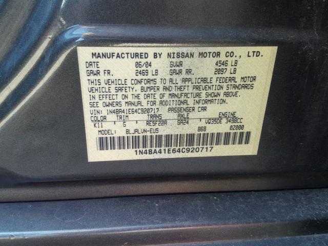 1N4BA41E64C920717 - 2004 NISSAN MAXIMA SE GRAY photo 10