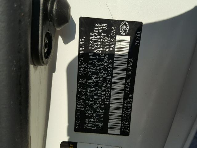 4T1CE30P77U755903 - 2007 TOYOTA CAMRY SOLA WHITE photo 10