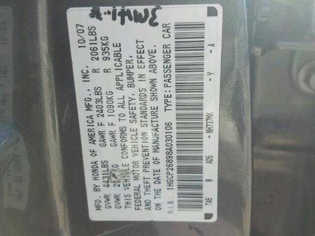 1HGCP26898A030106 - 2008 HONDA ACCORD EXL SILVER photo 10