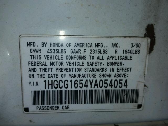 1HGCG1654YA054054 - 2000 HONDA ACCORD EX 白色 照片 10