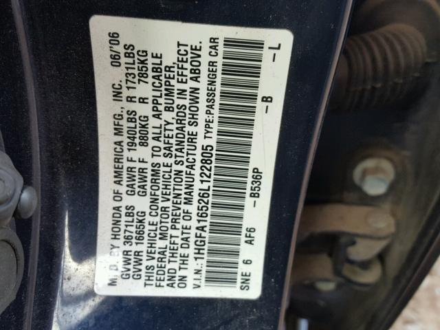 1HGFA16526L122805 - 2006 HONDA CIVIC LX BLUE photo 10