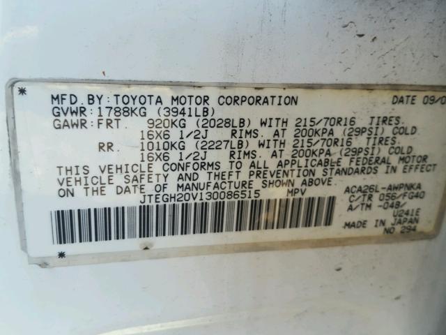 JTEGH20V130086515 - 2003 TOYOTA RAV4 WHITE photo 10