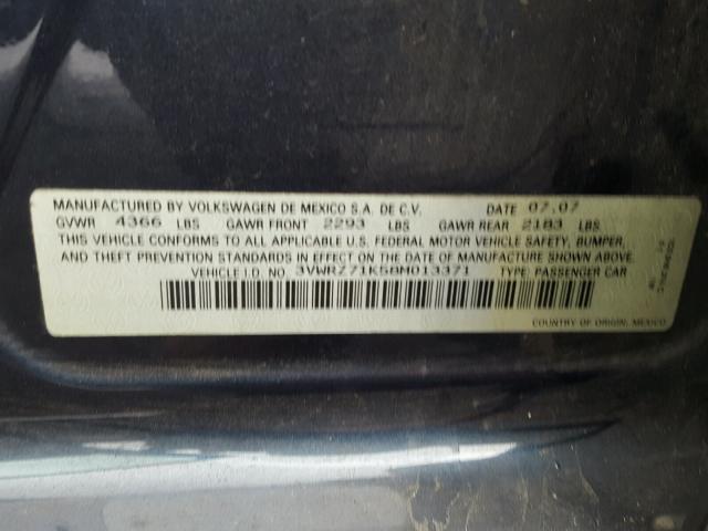 3VWRZ71K58M013371 - 2008 VOLKSWAGEN JETTA SE BLUE photo 10