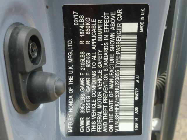 SHHFK7H53HU220855 - 2017 HONDA CIVIC EX GRAY photo 10