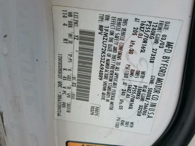 1FMZU72K53ZA94889 - 2003 FORD EXPLORER X WHITE photo 10