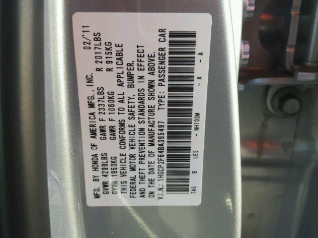 1HGCP2F64BA095497 - 2011 HONDA ACCORD SE SILVER photo 10