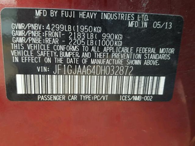 JF1GJAA64DH032872 - 2013 SUBARU IMPREZA BA RED photo 10