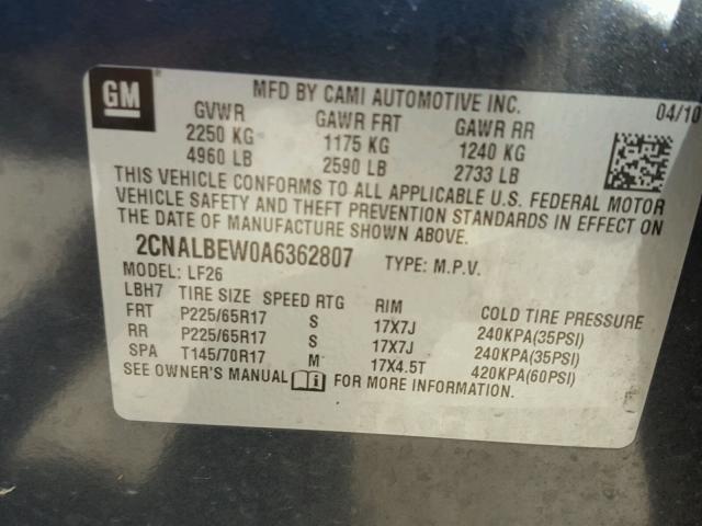 2CNALBEW0A6362807 - 2010 CHEVROLET EQUINOX LS GRAY photo 10