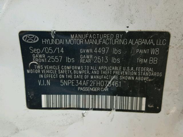 5NPE34AF2FH078461 - 2015 HYUNDAI SONATA SPO WHITE photo 10