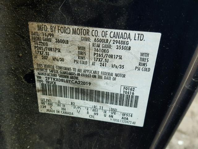 2FTRX08L0YCA22019 - 2000 FORD F150 BLUE photo 10