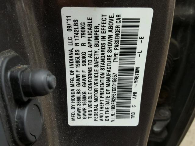 19XFB2F57CE015657 - 2012 HONDA CIVIC LX GRAY photo 10