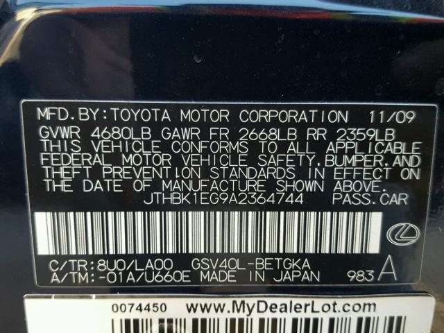 JTHBK1EG9A2364744 - 2010 LEXUS ES 350 BLACK photo 10