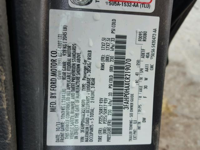 3FAHP0HAXCR219070 - 2012 FORD FUSION SE GRAY photo 10