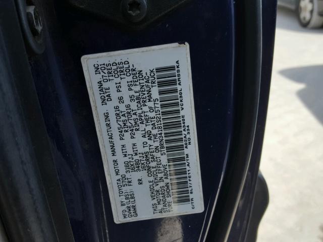 5TBRN34181S215775 - 2001 TOYOTA TUNDRA ACC BLUE photo 10