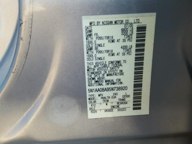 5N1AA08A95N738920 - 2005 NISSAN ARMADA SE SILVER photo 10