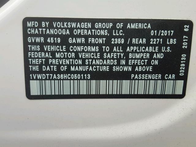 1VWDT7A36HC050113 - 2017 VOLKSWAGEN PASSAT R-L WHITE photo 10