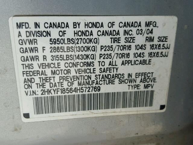 2HKYF18564H572769 - 2004 HONDA PILOT EXL GRAY photo 10