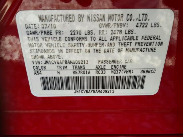 JN1CV6AP8AM409213 - 2010 INFINITI G37 BASE RED photo 10