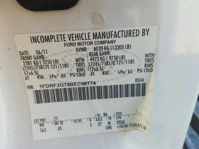 1FDRF3GT8BEC98774 - 2011 FORD F350 SUPER WHITE photo 10