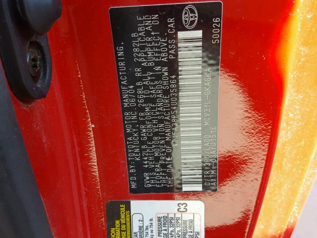 4T1FA38P54U035864 - 2004 TOYOTA CAMRY SOLA RED photo 10