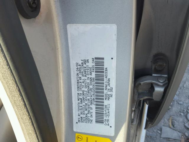 JT2BK18U220061586 - 2002 TOYOTA PRIUS SILVER photo 10