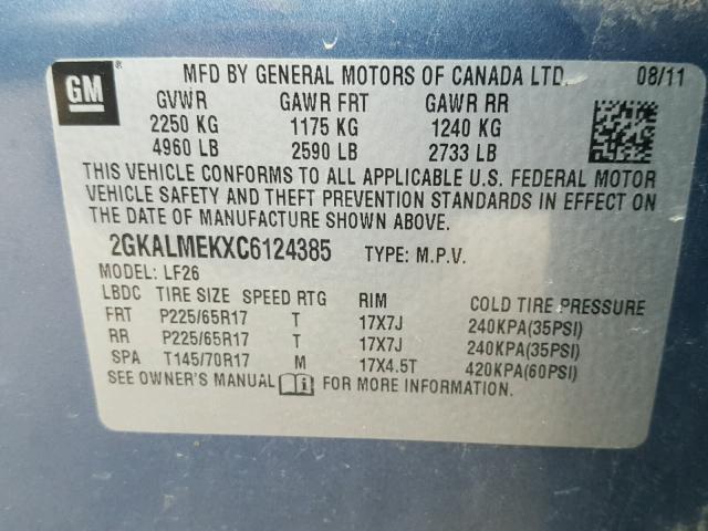 2GKALMEKXC6124385 - 2012 GMC TERRAIN SL BLUE photo 10