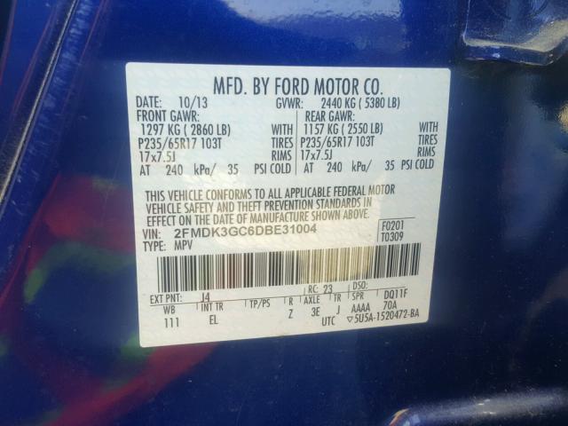 2FMDK3GC6DBE31004 - 2013 FORD EDGE SE BLUE photo 10