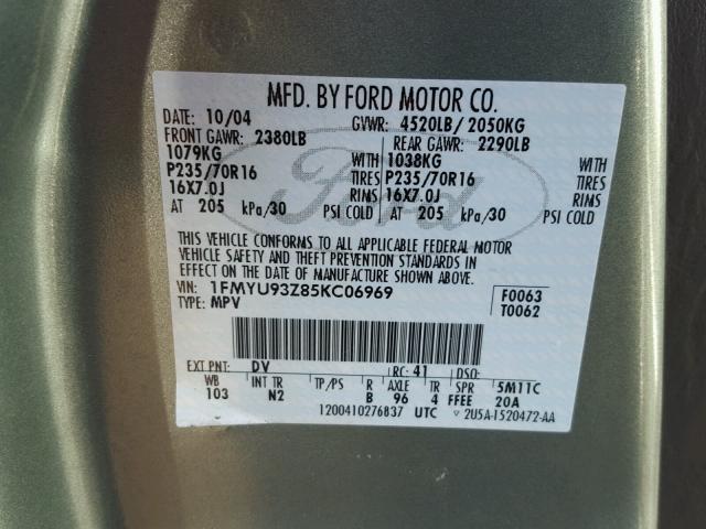 1FMYU93Z85KC06969 - 2005 FORD ESCAPE XLT TEAL photo 10