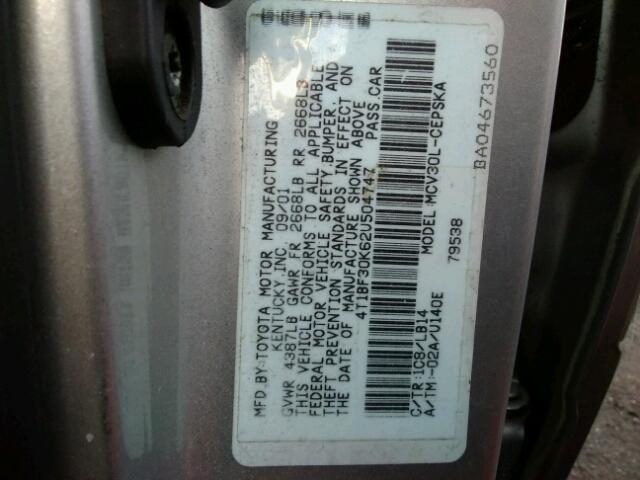 4T1BF30K62U504747 - 2002 TOYOTA CAMRY LE 银色 照片 10