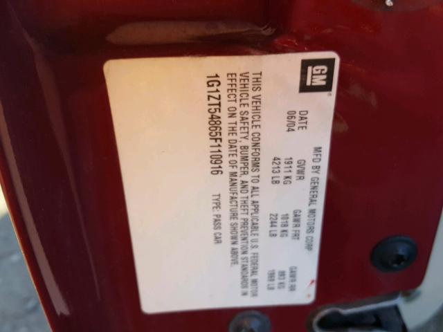 1G1ZT54865F110916 - 2005 CHEVROLET MALIBU LS 栗色 照片 10