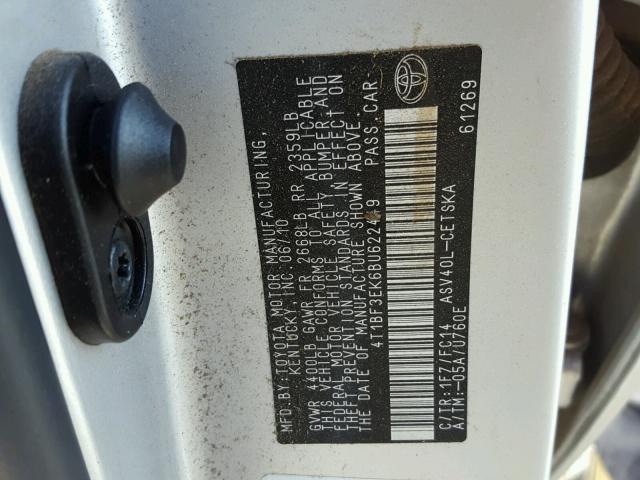 4T1BF3EK6BU622449 - 2011 TOYOTA CAMRY BASE SILVER photo 10